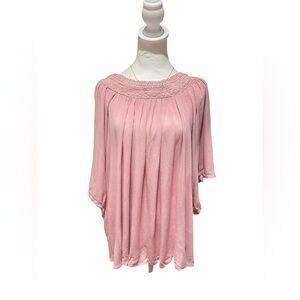 Romantic Blush Pink 1X Flowy Tunic – Cottagecore Smocked Neck & Floral Hem